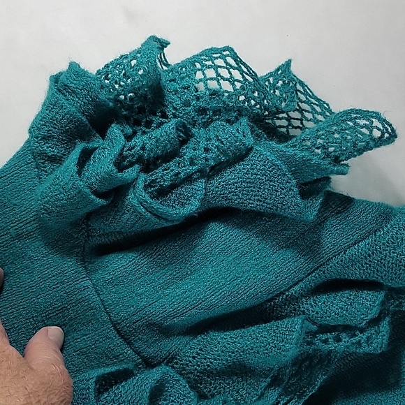 Donna Diosa Teal Layered Ruffle Knit Batwing Cardigan Sweater Size OS - Picture 4 of 8